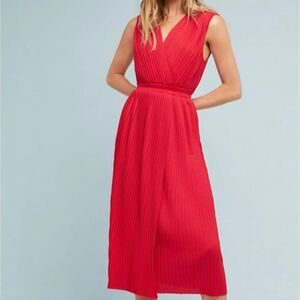 Tracy Reese Anthropologie | Pleated Red V-Neck Midi Dress | Small Petite